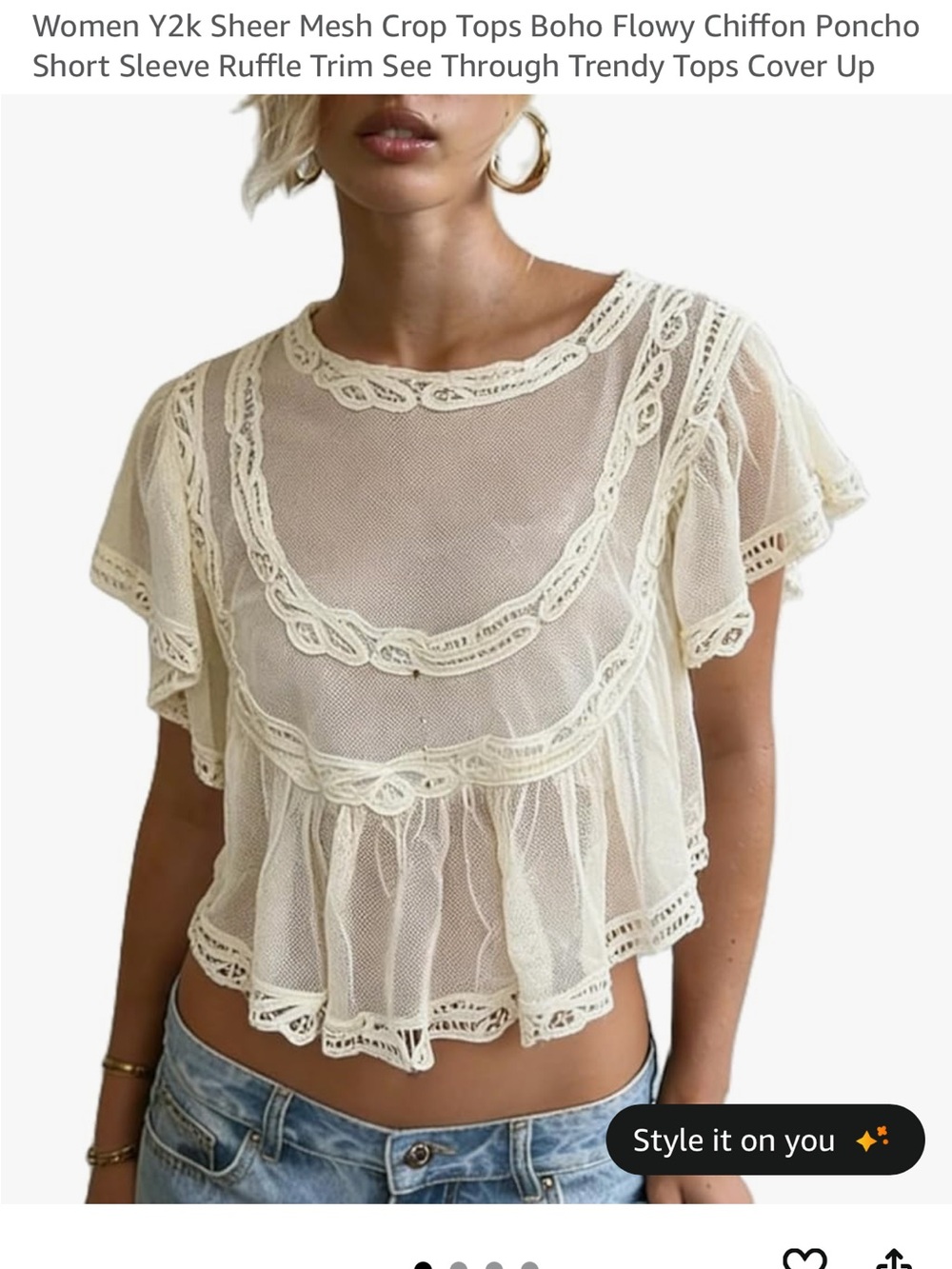 Sheer Crochet Trim Mesh Crop Top - Cream
